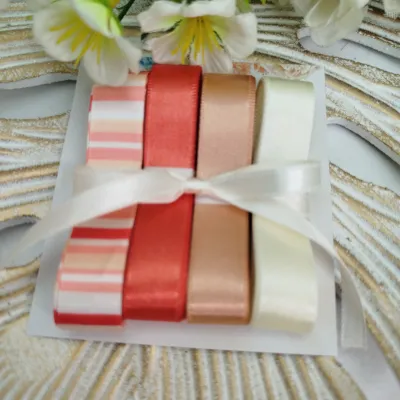 Kit de Fitas de Cetim Tons Coral, Chocolate, Marfim Coordenados com Listrada
