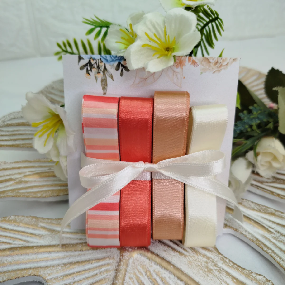 Kit de Fitas de Cetim Tons Coral, Chocolate, Marfim Coordenados com Listrada - Imagem 2