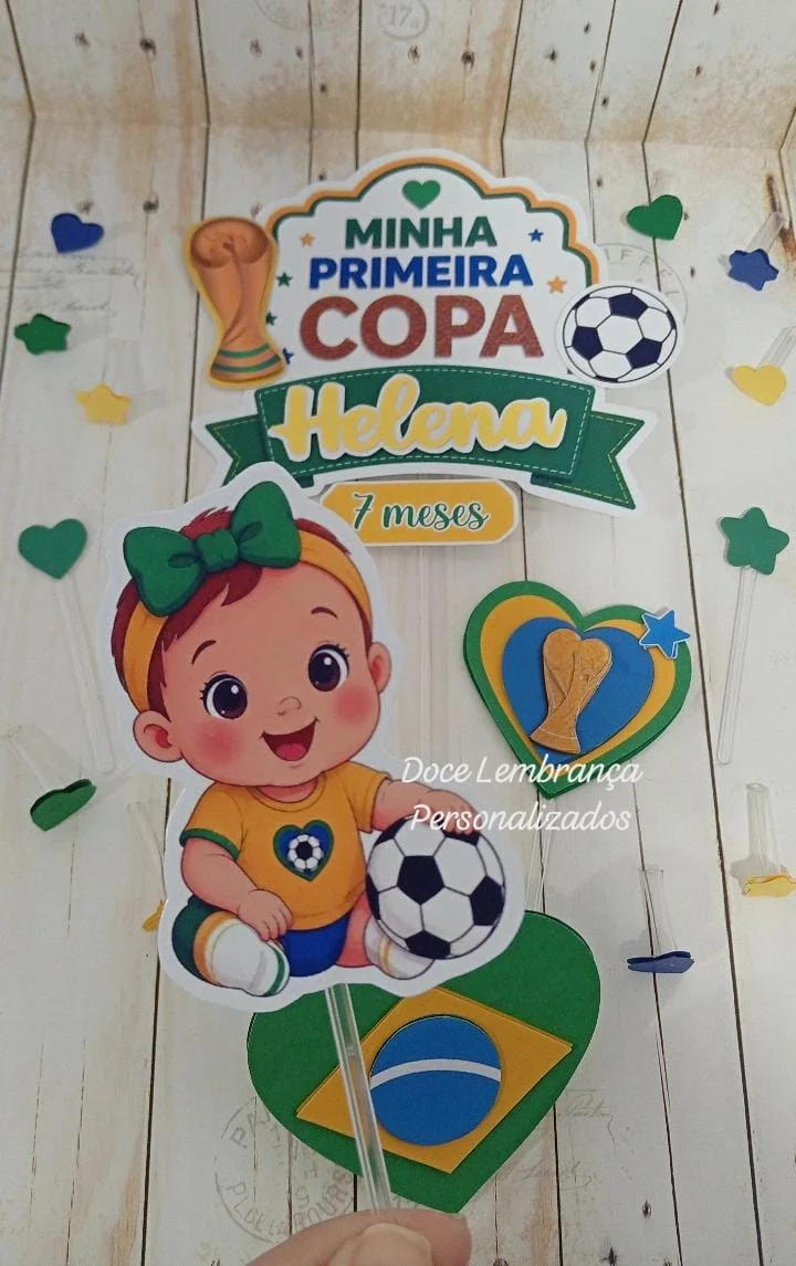 Topper de Bolo 3d Minha Primeira Copa do Mundo Brasil aniversário, mesversario copa do mundo Brasil - Imagem 3