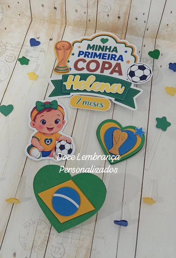 Topper de Bolo 3d Minha Primeira Copa do Mundo Brasil aniversário, mesversario copa do mundo Brasil - Imagem 2