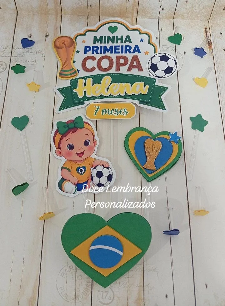 Topper de Bolo 3d Minha Primeira Copa do Mundo Brasil aniversário, mesversario copa do mundo Brasil - Imagem 1