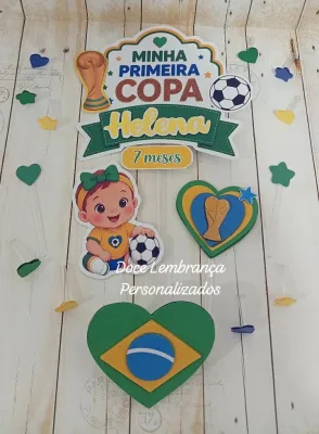 Topper de Bolo 3d Minha Primeira Copa do Mundo Brasil aniversário, mesversario copa do mundo Brasil