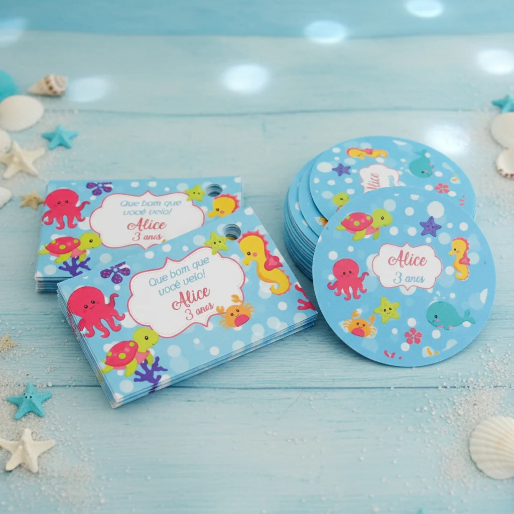 Kit Adesivo e Tag Personalizados Fundo do Mar ( 30 pares) - Imagem 1
