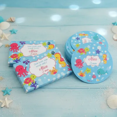 Kit Adesivo e Tag Personalizados Fundo do Mar  ( 30 pares)
