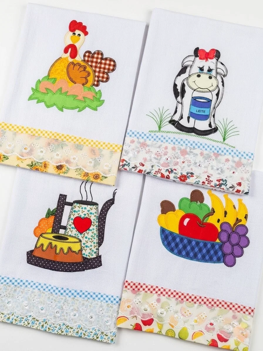 Kit 5 Panos de Prato Patchwork Bordados com Bordado Inglês - Imagem 1