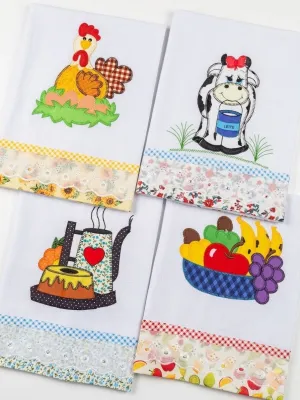 Kit 5 Panos de Prato Patchwork Bordados com Bordado Inglês