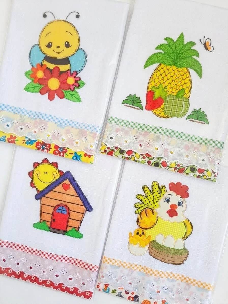 Kit 5 Panos de Prato Patchwork Bordados com Bordado Inglês - Imagem 3