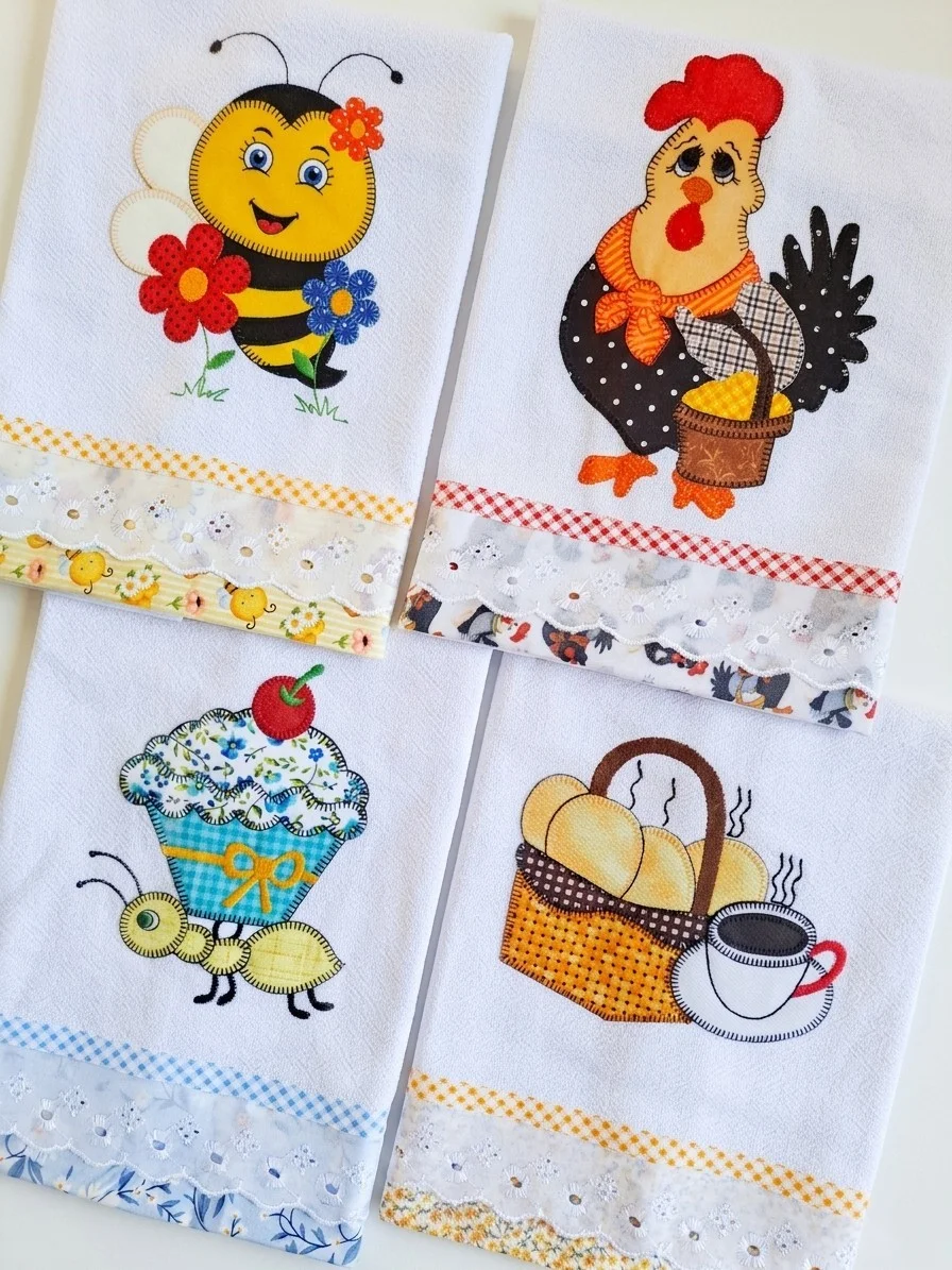 Kit 5 Panos de Prato Patchwork Bordados com Bordado Inglês - Imagem 2
