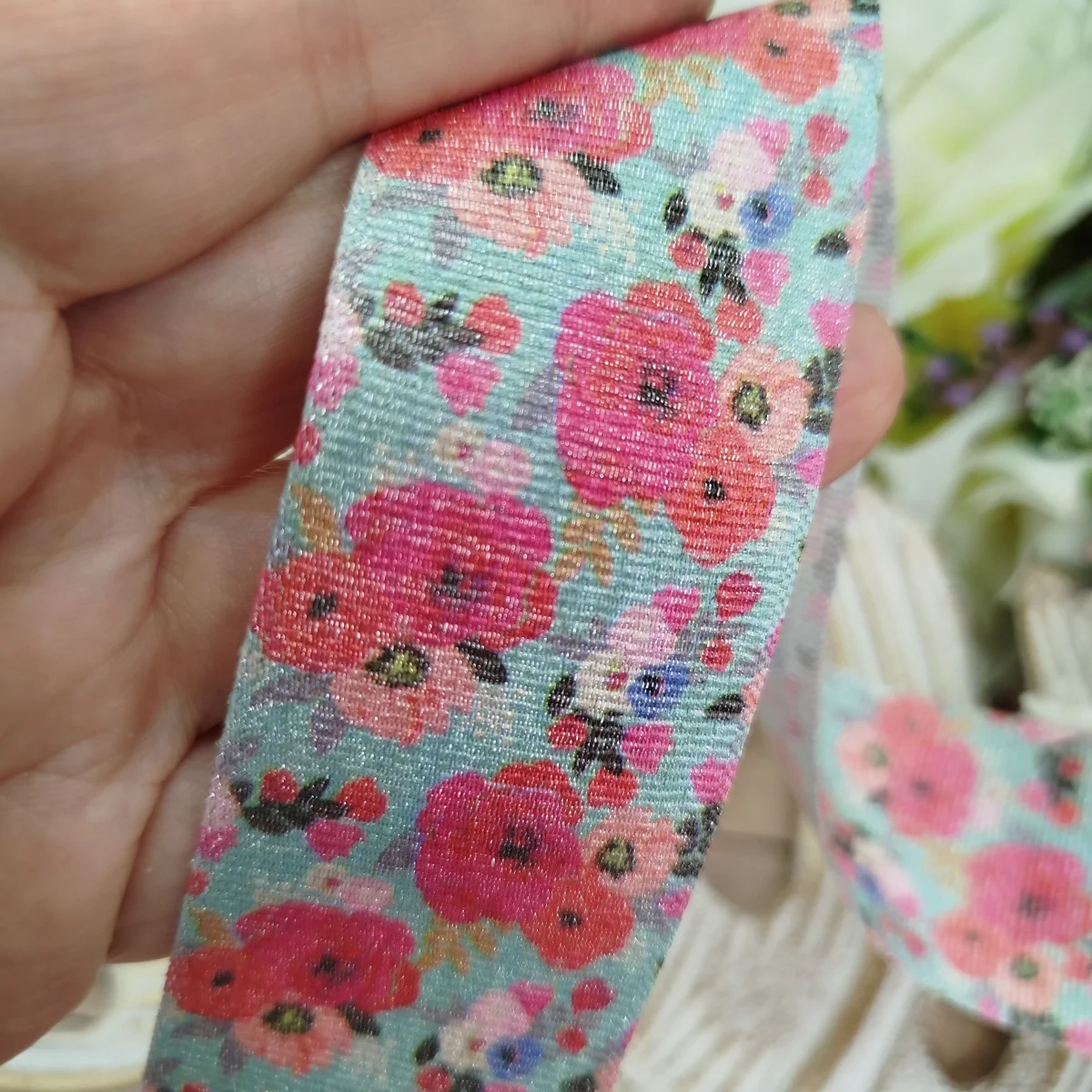 Fita Gorgurão Lurex 38mm No 09 -Estampa Flores Rosa Coral Shabby Chic