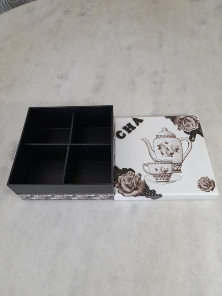 Caixa para Chá em mdf Branca e Preta Decorada c/ 4 Divisória - Imagem 4