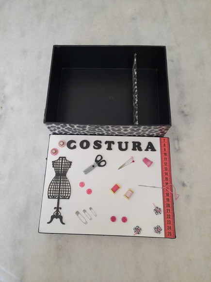 Caixa para Costura em mdf Preta e Branca Decorada - Imagem 4