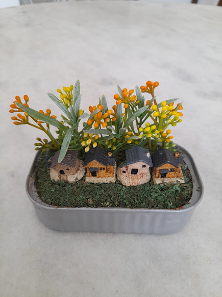 Mini Jardim Prateado com Mini Casas e Plantas Miniatura