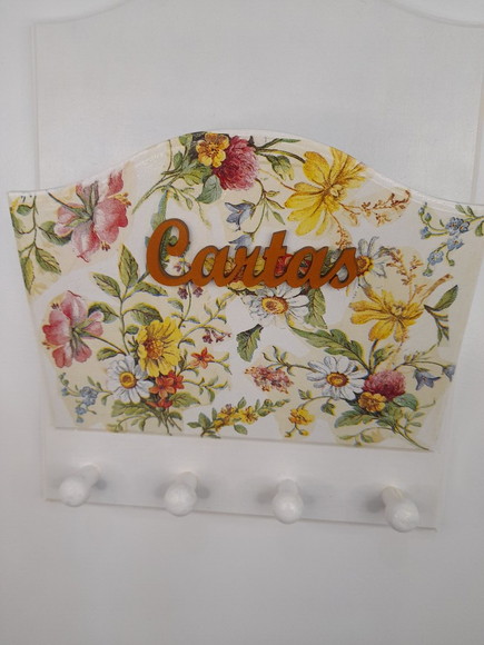 Porta Carta / Chave em mdf Branco Detalhe Floral - Imagem 2