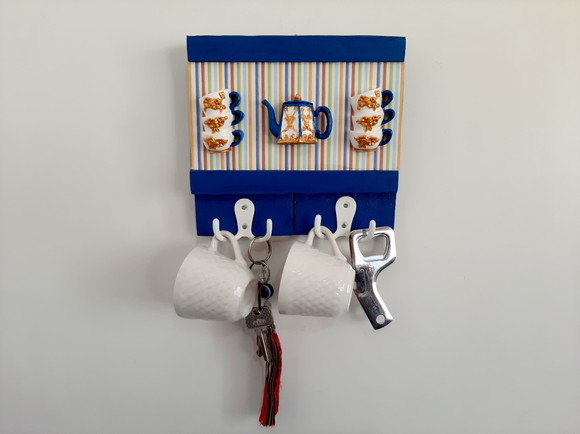 Porta Chave de Madeira Azul Marinho Decorado - Imagem 5
