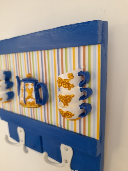 Porta Chave de Madeira Azul Marinho Decorado - Imagem 4