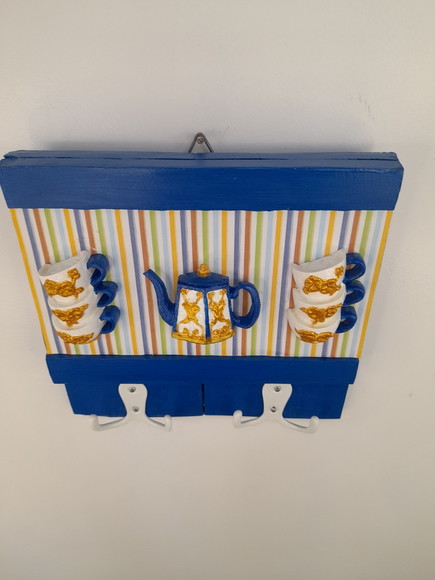 Porta Chave de Madeira Azul Marinho Decorado - Imagem 2