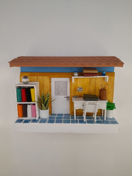 Quadro Cenário em mdf Imitação de Escritório com Miniatura