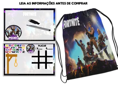Kit Mochilinha e Lousa Magica infantil personalizada Fortinite