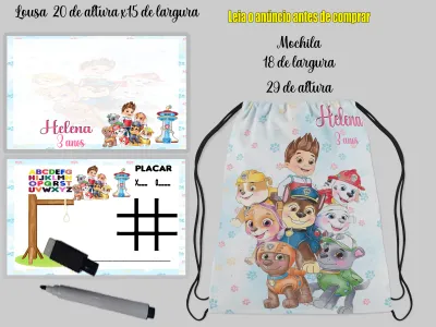 Kit Mochilinha e Lousa Magica Infantil Personalizada da Patrulha Canina