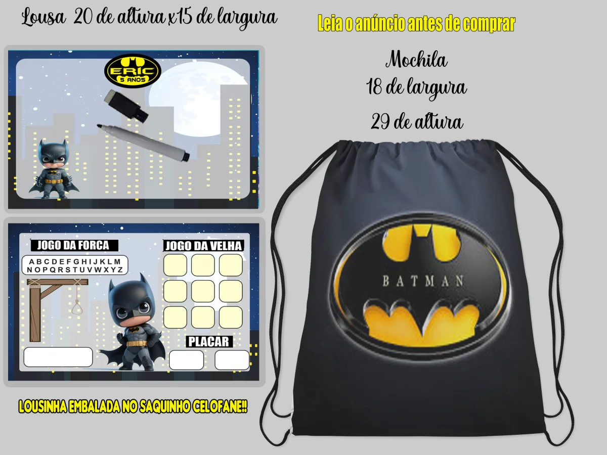 Kit Mochilinha e Lousa Magica Infantil Personalizada do Batman