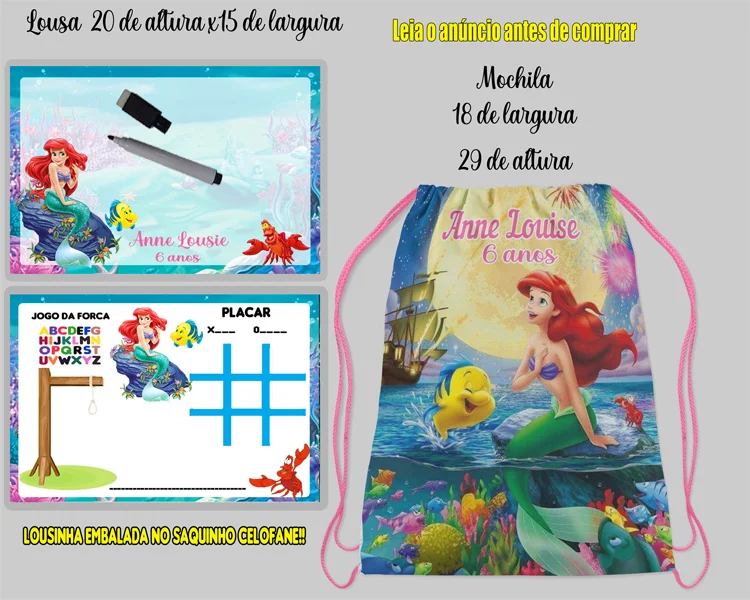 Kit Mochilinha e Lousa Magica Infantil Personalizada  Sereia Ariel