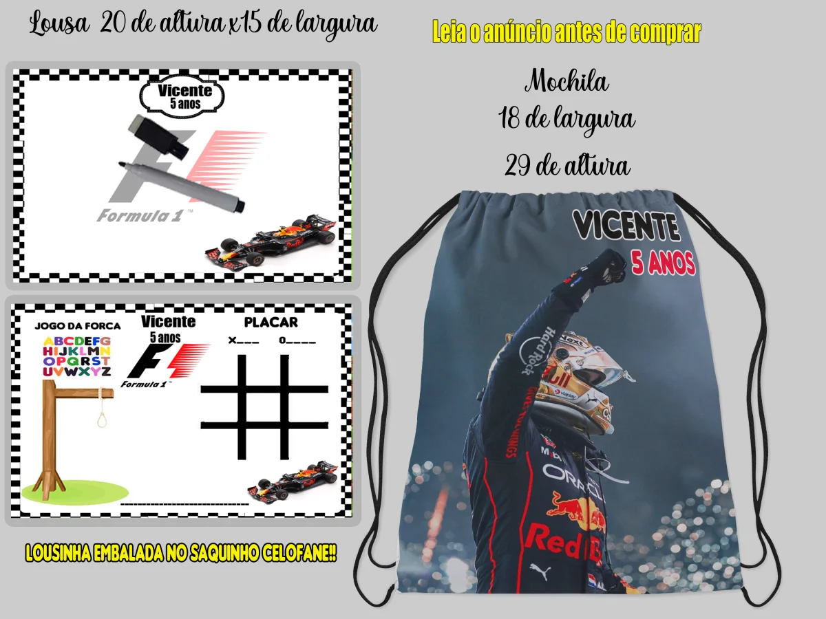 Kit Mochilinha e Lousa Magica Infantil Personalizada Formula 1 - Imagem 1