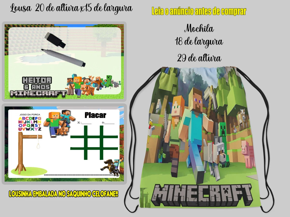 Kit Mochilinha e Lousa Magica Infantil Personalizada Minecraft - Imagem 3