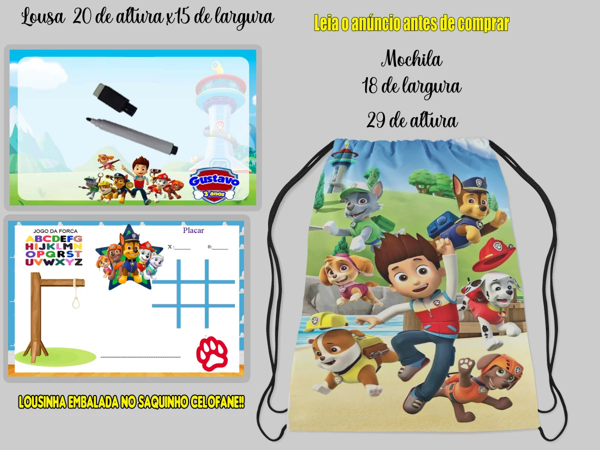 Kit Mochilinha e Lousa Magica Infantil Personalizada Patrulha Canina - Imagem 3