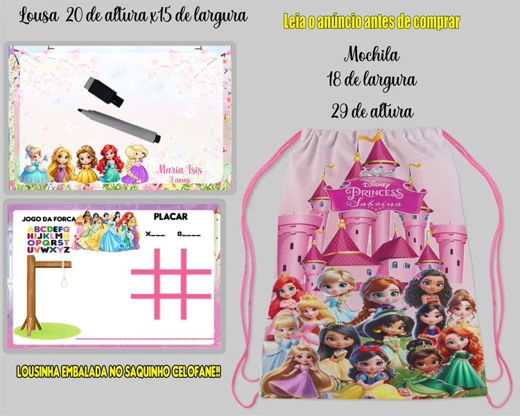 Kit Mochilinha e Lousa Magica Infantil Personalizada Princesas da Disney - Imagem 1