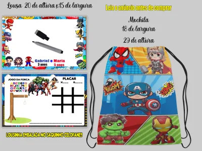 Kit Mochilinha e Lousa Magica Infantil Personalizada Super Heróis Baby