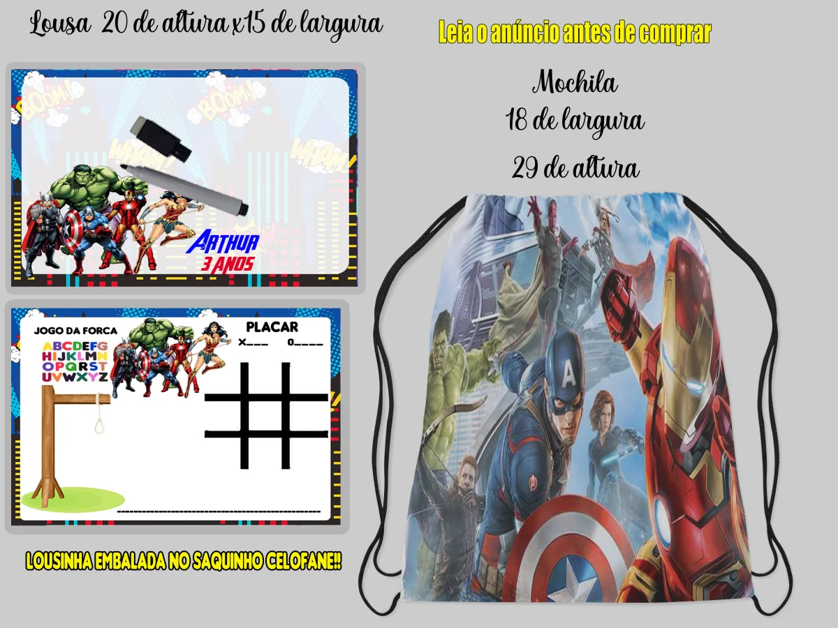 Kit Mochilinha e Lousa Magica Infantil Personalizada do Vingadores Marvel