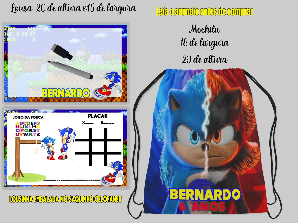 Kit Mochilinha e Lousa Magica Infantil Personalizada do Sonic - Imagem 1