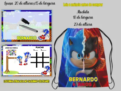 Kit Mochilinha e Lousa Magica Infantil Personalizada do Sonic