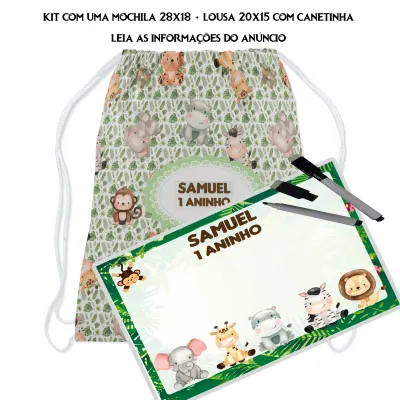 Kit Mochilinha e Lousa Magica Infantil Personalizada Lembrancinhas Safari Baby