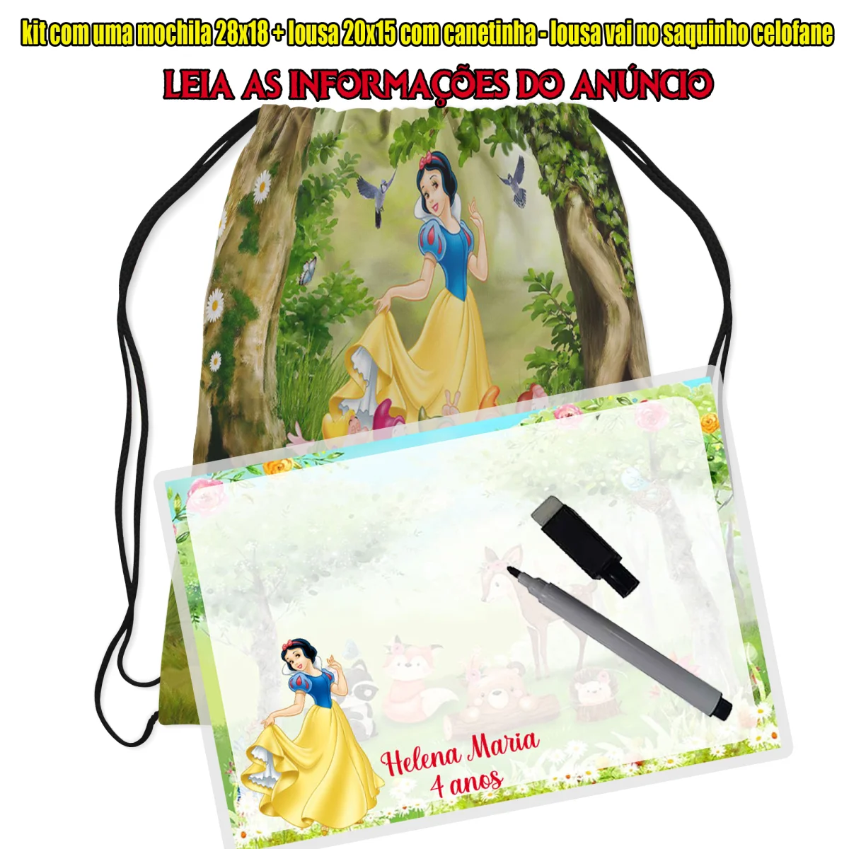 Kit Mochilinha e Lousa Magica Infantil Personalizada Lembrancinhas da Branca de Neve - Imagem 2