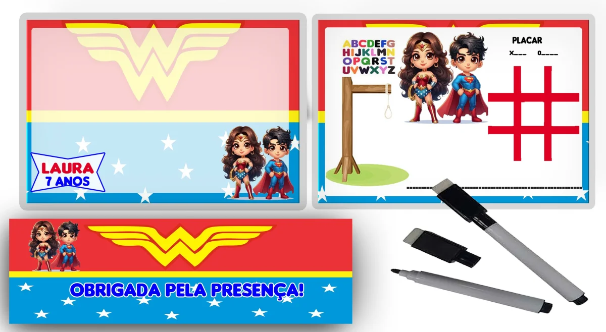 Lousa Magica infantil personalizada para lembrancinhas Mulher Maravilha e Super Homem - Imagem 3