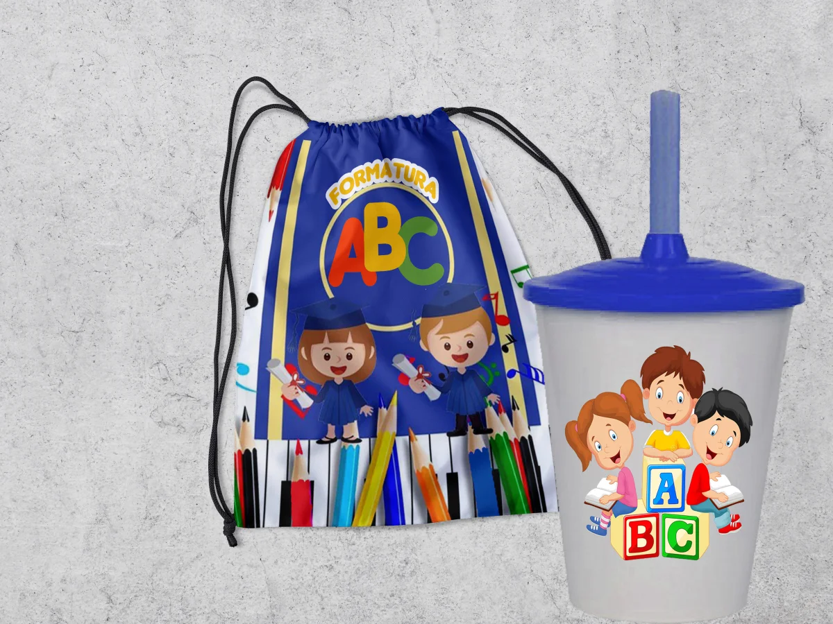 Kit Mochilinha e Copo Personalizado Lembrancinhas Formatura ABC - Imagem 3