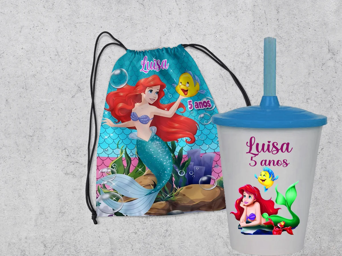 Kit Mochilinha e Copo Personalizado Lembrancinhas da Sereia Ariel - Imagem 2