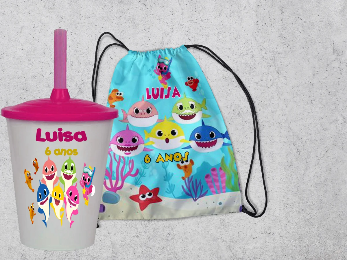 Kit Mochilinha e Copo Personalizado Lembrancinhas  Baby Shark - Imagem 2