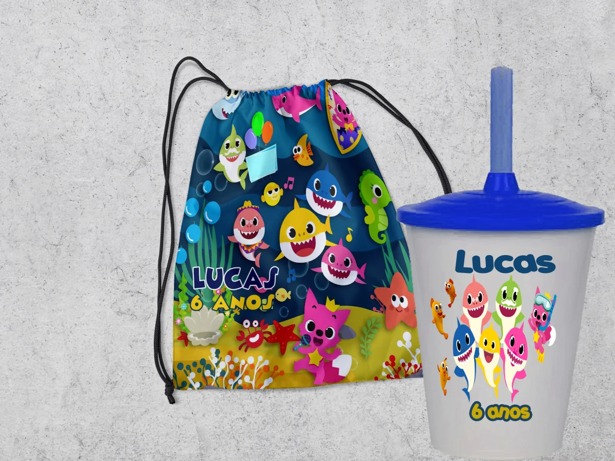 Kit Mochilinha e Copo Personalizado Lembrancinhas Baby Shark - Imagem 3