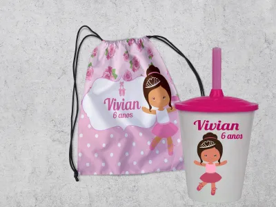 Kit Mochilinha e Copo Personalizado Lembrancinhas da Bailarina