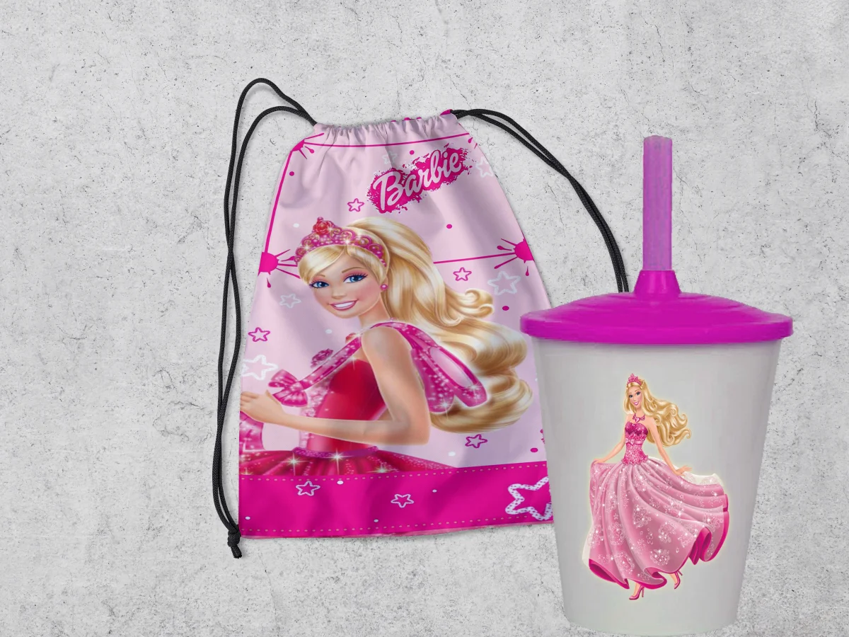 Kit Mochilinha e Copo Personalizado Lembrancinhas da Barbie - Imagem 1
