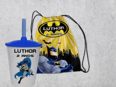 Kit Mochilinha e Copo Personalizado Lembrancinhas do Batman