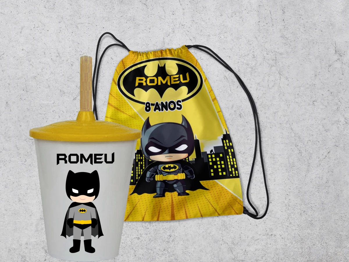Kit Mochilinha e Copo Personalizado Lembrancinhas do Batman Cute - Imagem 1