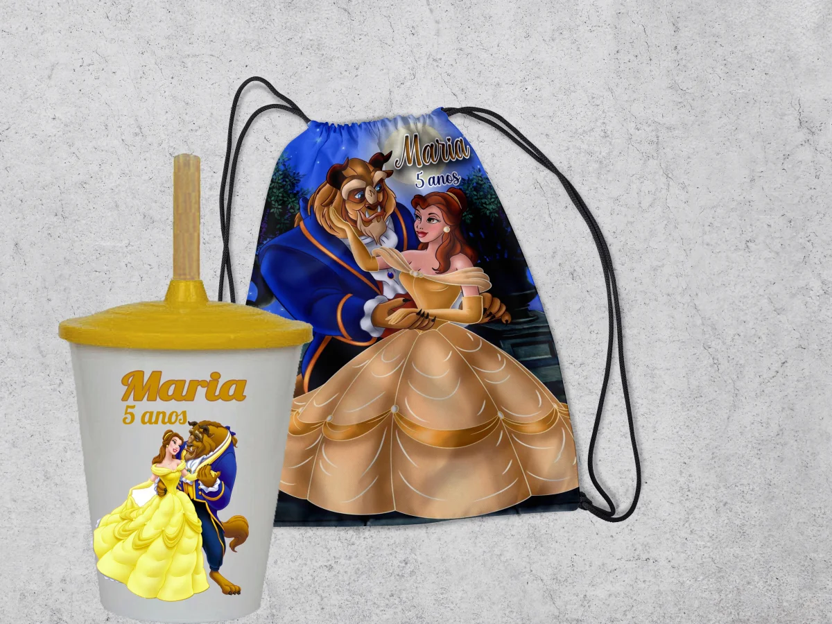 Kit Mochilinha e Copo Personalizado Lembrancinhas da Bela e a Fera - Imagem 3