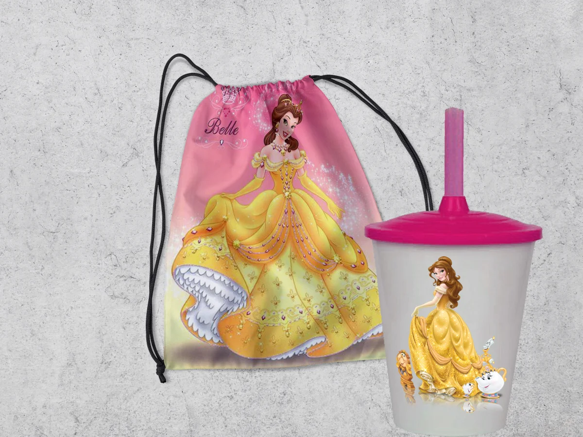 Kit Mochilinha e Copo Personalizado Lembrancinhas da Bela e a Fera - Imagem 2