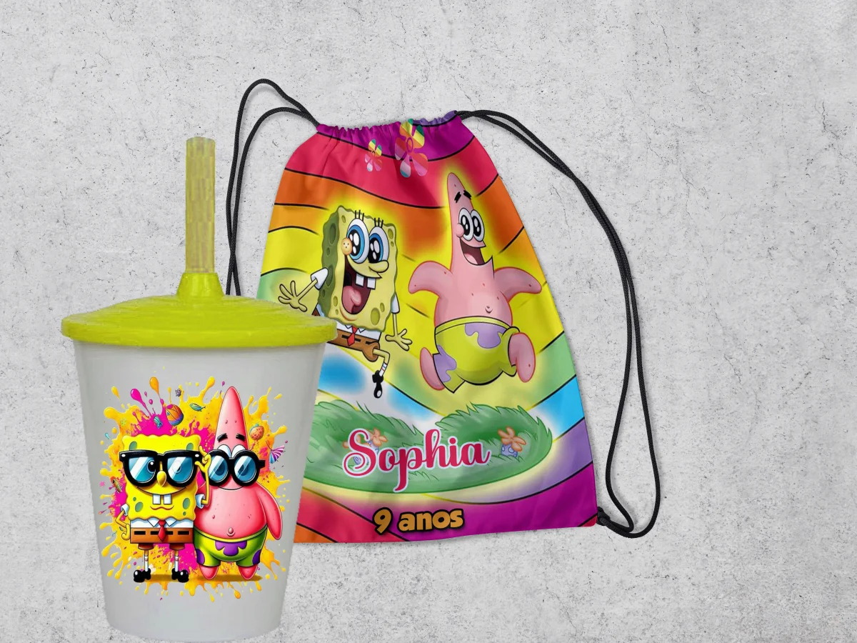 Kit Mochilinha e Copo Personalizado Lembrancinhas do Bob Espoja - Imagem 2