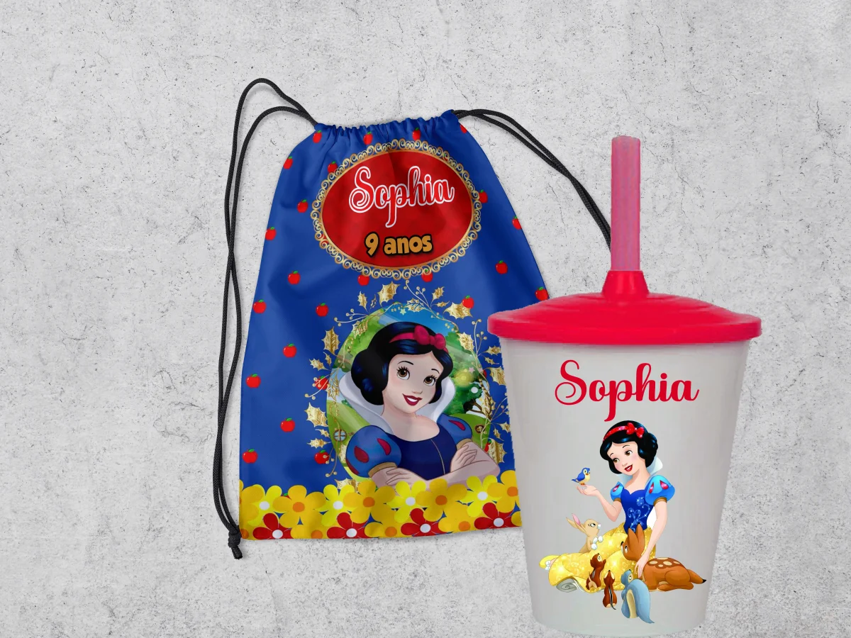 Kit Mochilinha e Copo Personalizado Lembrancinhas da Branca de Neve - Imagem 3