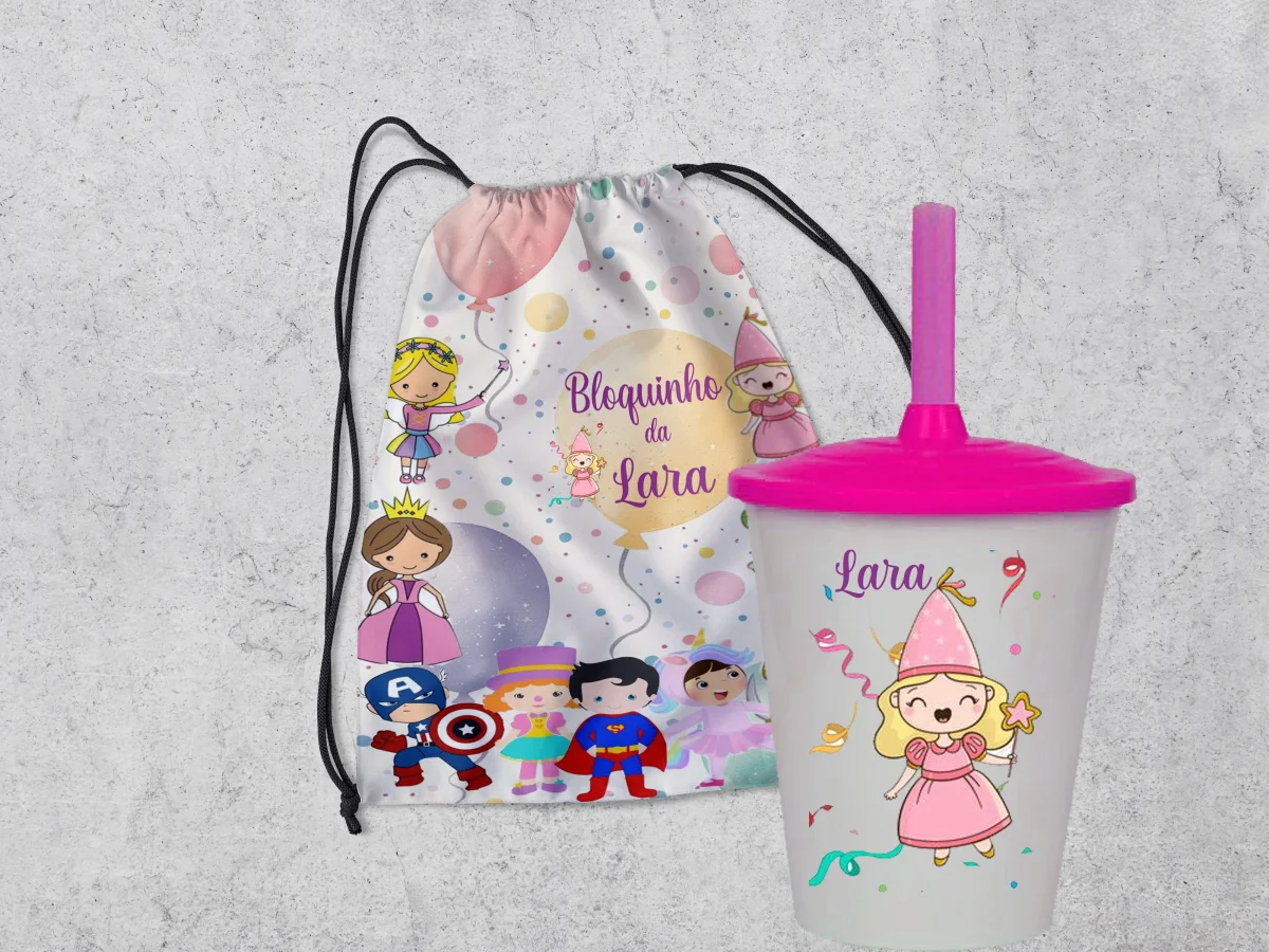 Kit Mochilinha e Copo Personalizado Lembrancinhas Bloquinho de Carnaval