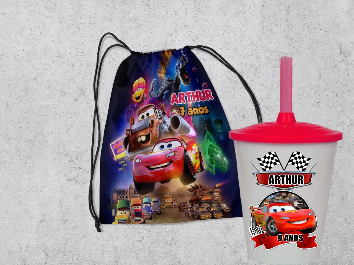 Kit Mochilinha e Copo Personalizado Lembrancinhas dos Carros Disney